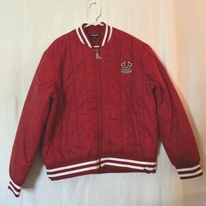 True Religion Red Dahlia Zip Up Nylon Quilt Jacket
